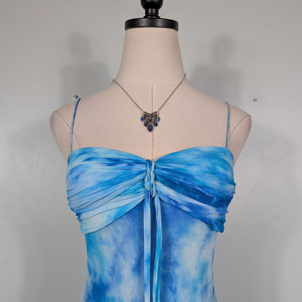 Vintage Cache Silk Prom Dress Maxi Gown 2 Blue Tie Dye Y2K Fairy Babydoll Nymph - Picture 5 of 13